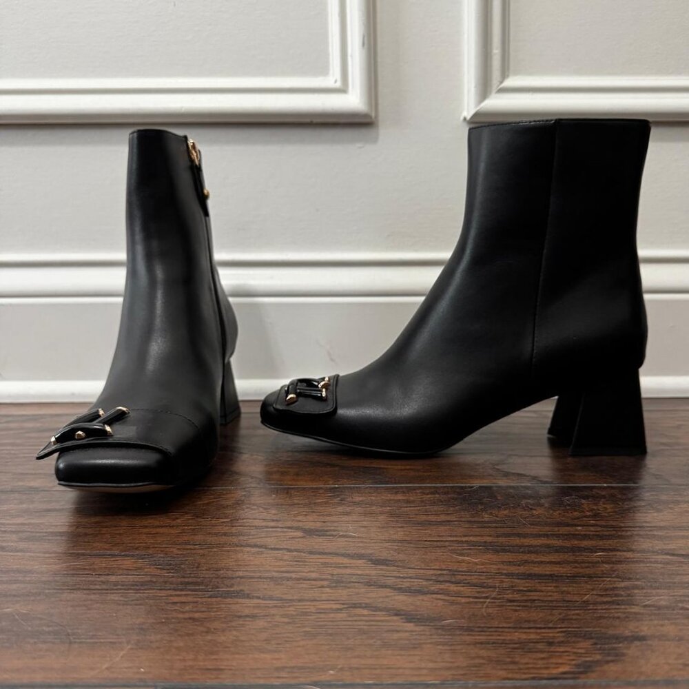 Chunky heel square toe monogram ankle bootie